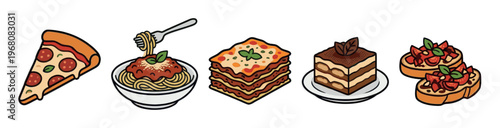 A vibrant illustration showcasing a collection of classic Italian dishes, including pizza, spaghetti, lasagna, tiramisu, and bruschetta, on a clean white background.