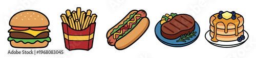 A collection of five cartoon-style food illustrations including a burger, french fries, a hot dog, a steak dinner, and pancakes with syrup.