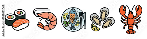 A collection of colorful, flat design illustrations of popular seafood dishes including sushi, shrimp, a prepared fish, oysters, and a lobster against a white background.