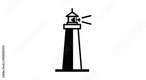 Minimalist black and white line art illustration of a guiding lighthouse icon, radiating light for navigation and safety at sea.