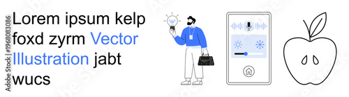 Innovation, technology, smart devices, creative thinking, user experience, minimalism. Man holding a light bulb, a smart device interface and an apple icon. Innovation and technology concept