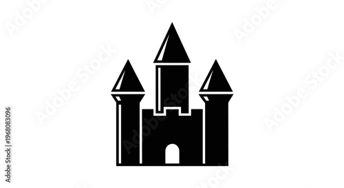 Black silhouette icon of a majestic medieval castle with three pointed towers. Simple fantasy fortress symbol illustration.