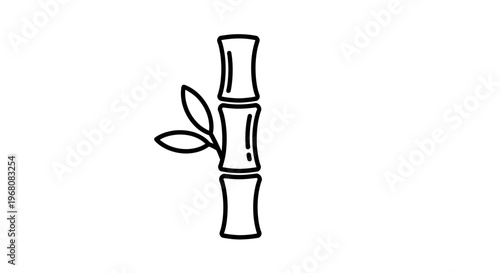 Minimalist black outline bamboo stalk with two leaves, nature plant line art vector illustration icon for wellness and ecology.