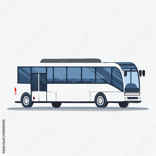 White coach bus with open door, public transportation bus from multiple views, stop
