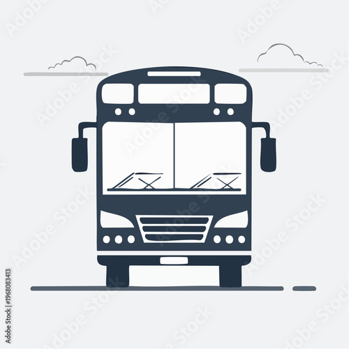 Front view of a dark blue bus icon with clouds, public transportation bus from multiple views, stylized gray clouds