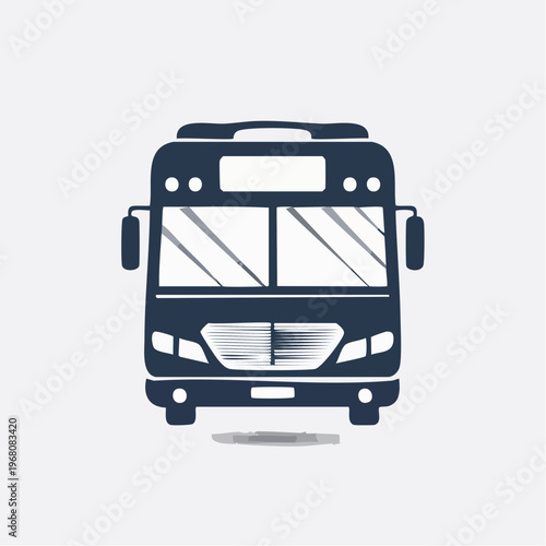 Front silhouette of a dark blue bus, public transportation bus from multiple views, icon represents transportation