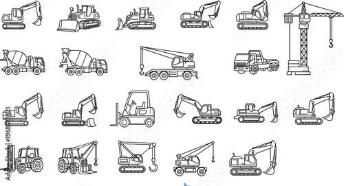 Construction Vehicle Icon Set with Excavators, Cranes, Bulldozers, and Cement Trucks for Construction and Machinery Designs