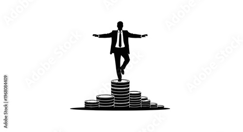 A man in business attire balances on stacked coins outdoors.