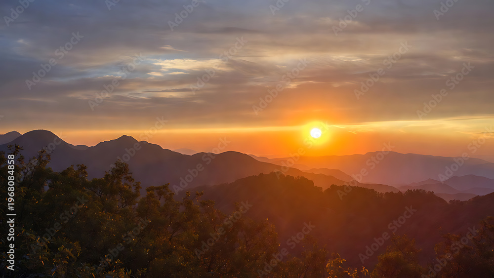 Fototapeta premium Golden Sunrise Over Ancient Mountain Landscape With Silhouetted Walls