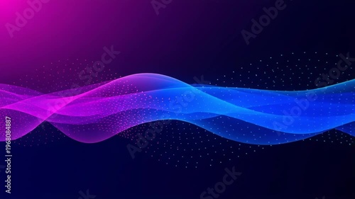 Abstract flowing waveform made of colorful dots with gradient pink purple and blue, dynamic futuristic motion background