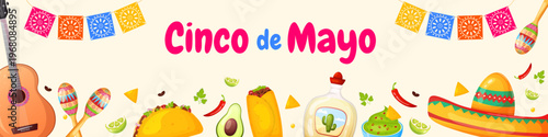 Cinco de mayo banner with festive mexican elements: tacos, tequila, guitar, maracas and papel picado garlands on light background