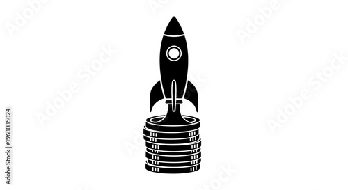 A rocket ship launches from a stack of coins into the sky.