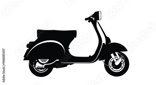 A sleek black silhouette of a classic scooter is displayed in a side profile view