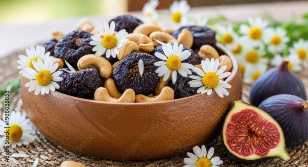 Fototapeta premium A wooden bowl filled with dried figs, cashews, and daisies, surrounded by more daisies and figs on a woven mat. The setting is outdoors with a blurred background of greenery and flowers. 
