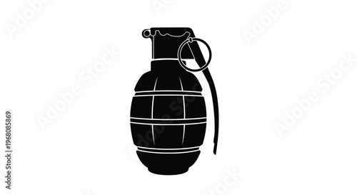 A stark black silhouette depicts a classic hand grenade showcasing its segmented body and pin