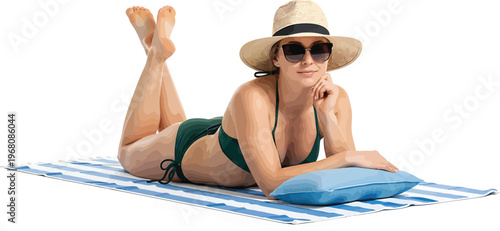 Woman Relaxing on Blue Striped Towel with Pillow