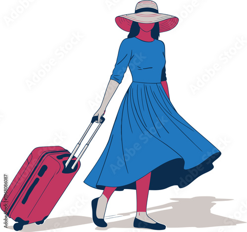 Woman Walking with Red Suitcase Wearing Blue Dress and Sun Hat