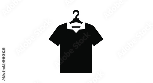 A simple black silhouette depicts a short sleeved polo shirt hanging on a clothes hanger