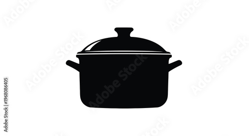 A simple black silhouette of a cooking pot with a lid and handles is shown