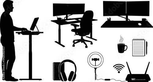 A high-quality collection of vector silhouettes featuring a man at a standing desk, modern office workstation with dual monitors, ergonomic chair, Wi-Fi router, and headphones.