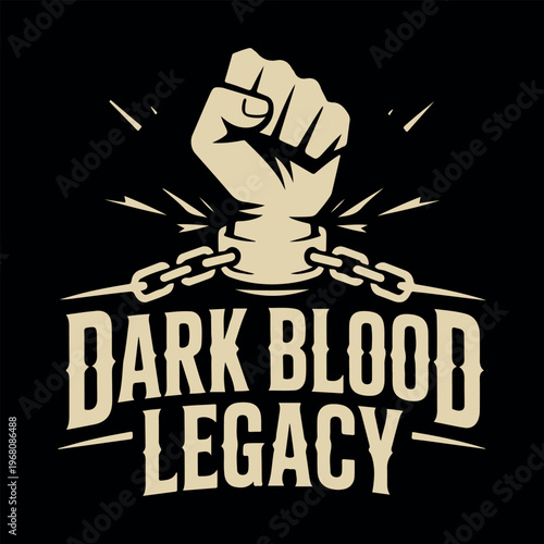 Raised fist breaking chains in vintage retro style for freedom and liberation. Empowerment and strength concept with fist breaking metal chains on black background. 