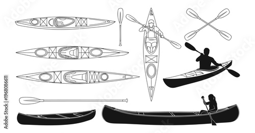 Vintage nautical illustrations canoes kayaks paddles and boating scenes in black and white