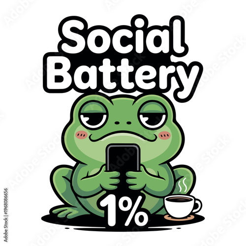 Social Battery Low Funny Frog Cartoon Illustration. Cute Frog Holding Phone Low Battery 1 Percent Design. Low Energy Social Battery Cute Animal Cartoon Design. 