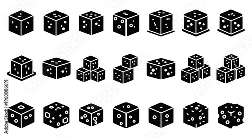 Black dice icons, vector dice graphics, gambling symbols, game elements