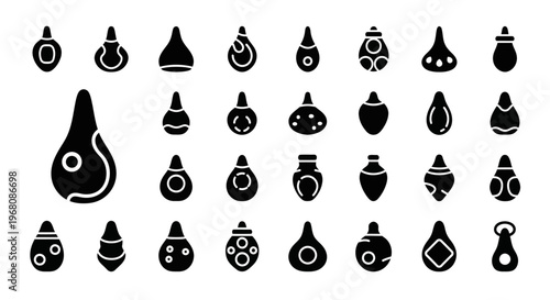 Black magic potion bottle icons, 30 vector symbols, dark mystic ornaments, white background
