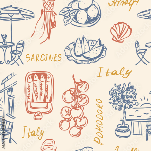 Doodle retro mediterranean summer vacation seamless pattern