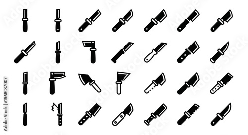 Knife, cutter, blade, scraper icons, 30 black and white vector graphics