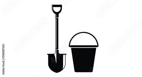 A simple black and white illustration depicts a shovel and a bucket side by side
