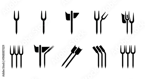 Fork, utensil, tableware, dining icons, 12 black silhouette symbols