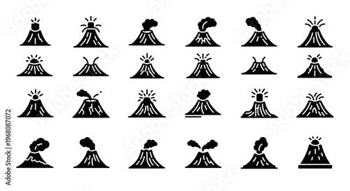 Volcano icons, eruption symbols, black vector graphics, 20 illustration set