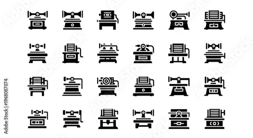Film cameras, vintage camera icons, black and white, 30 vector graphics