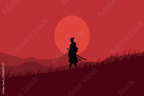 Minimalist Samurai Silhouette at Sunset Red Background. Japanese Warrior Standing in Red Landscape Minimal Art. Zen Style Samurai Illustration Minimal Red Theme