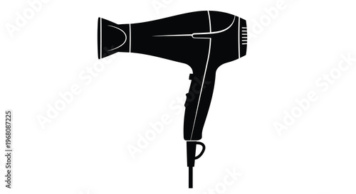 A minimalist black silhouette depicts a modern hair dryer with a visible cord and handle