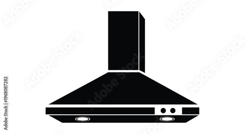 A black and white silhouette of a modern kitchen range hood shown in a simple style