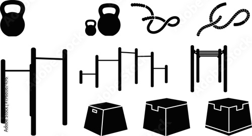 Black Silhouette Flat Vector Illustration Set of Gym and Fitness Equipment Featuring Kettlebells Heavy Battle Ropes Calisthenics Pull Up Bars and Plyometric Boxes for Workout Training