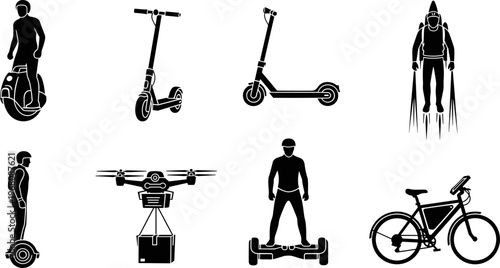 Black silhouette vector illustration collection of modern personal transportation devices including electric kick scooters, hoverboards, unicycles, delivery drones, jetpacks, and smart bicycles.