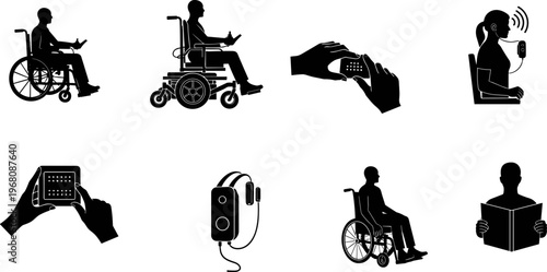 Black silhouette vector illustration collection of people using wheelchairs and accessibility assistive technology devices including braille readers and hearing aids for inclusive design.