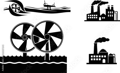 Black silhouette vector illustration set of renewable energy offshore wind turbines tidal power water generator and industrial factory plant with smoke stacks for sustainable power generation 