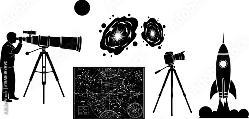 Black silhouette vector illustration set featuring a professional astronomer using a telescope, celestial star map, nebula clouds, camera on tripod, and a rocket launch.