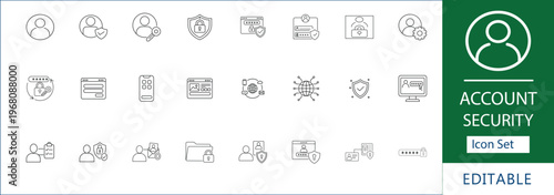 Account security line icon set featuring user privacy, secure login, password protection, identity verification, encrypted profile, and digital account safety symbols.