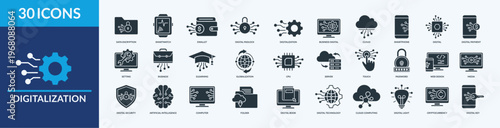Digitalization icon set vector illustration. Containing icon of smartphone, cpu, server and more. Glyph solid icon symbol collection