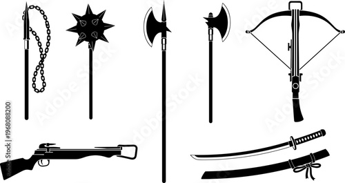 Collection of Medieval and Ancient Weapon Silhouettes Featuring Halberd, Morning Star, Katana, Crossbow, and Arquebus Rifle Icons Isolated on a Clean White Background