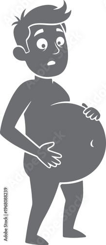 A cartoon illustration of a man with a large belly holding his stomach in surprise or disgust. He has a shocked expression on his face.