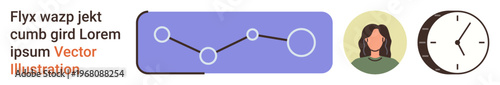 Data analysis, time tracking, business strategy, user profiles, goal monitoring, teamwork. Line graph design, user profile icon clock illustration. Data analysis and time tracking concept