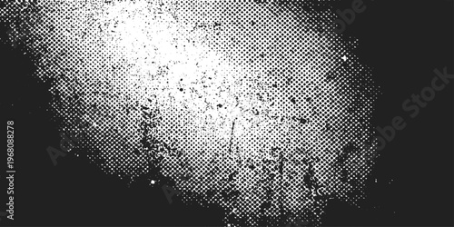 A black and white digital art illustration of a black hole in the paper with a halftone grid pattern and grunge texture design for a technology backdrop