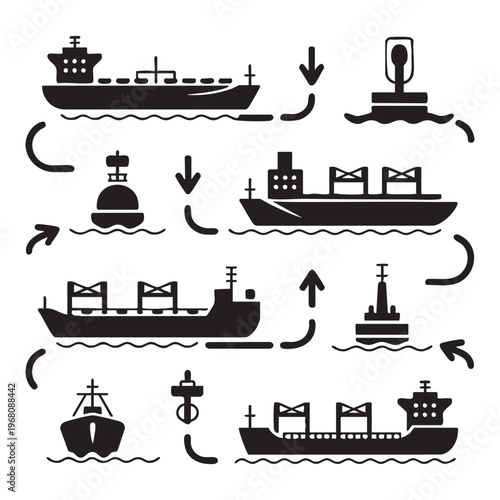 Black and white of maritime transportation symbols and ship cargo ship